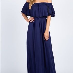 Navy Off Shoulder Ruffle Trim Maxi Dress